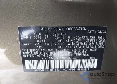 2025 Subaru Outback Onyx Edition z USA, uszkodzony, nr VIN 4S4BTALC1S3307654